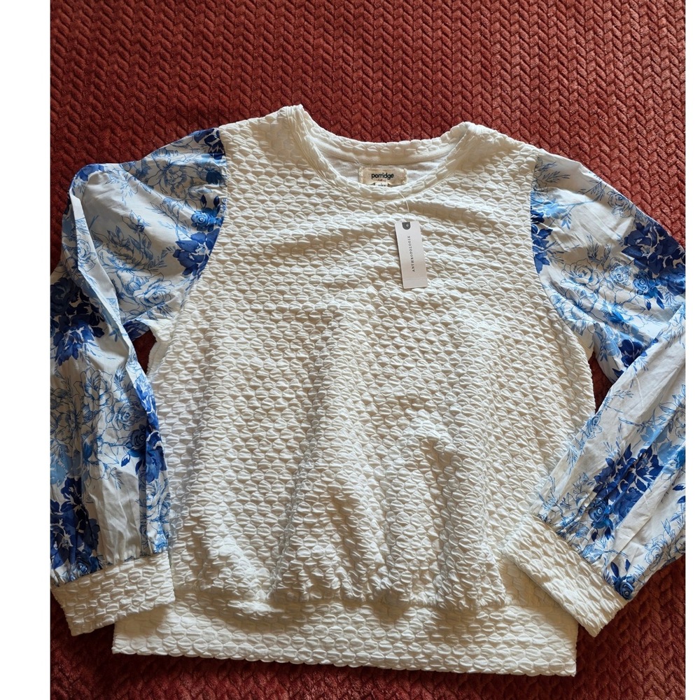 Porridge Anthropologie Mixed Media Floral Balloon Sleeve Popcorn Top WhiteBlue L